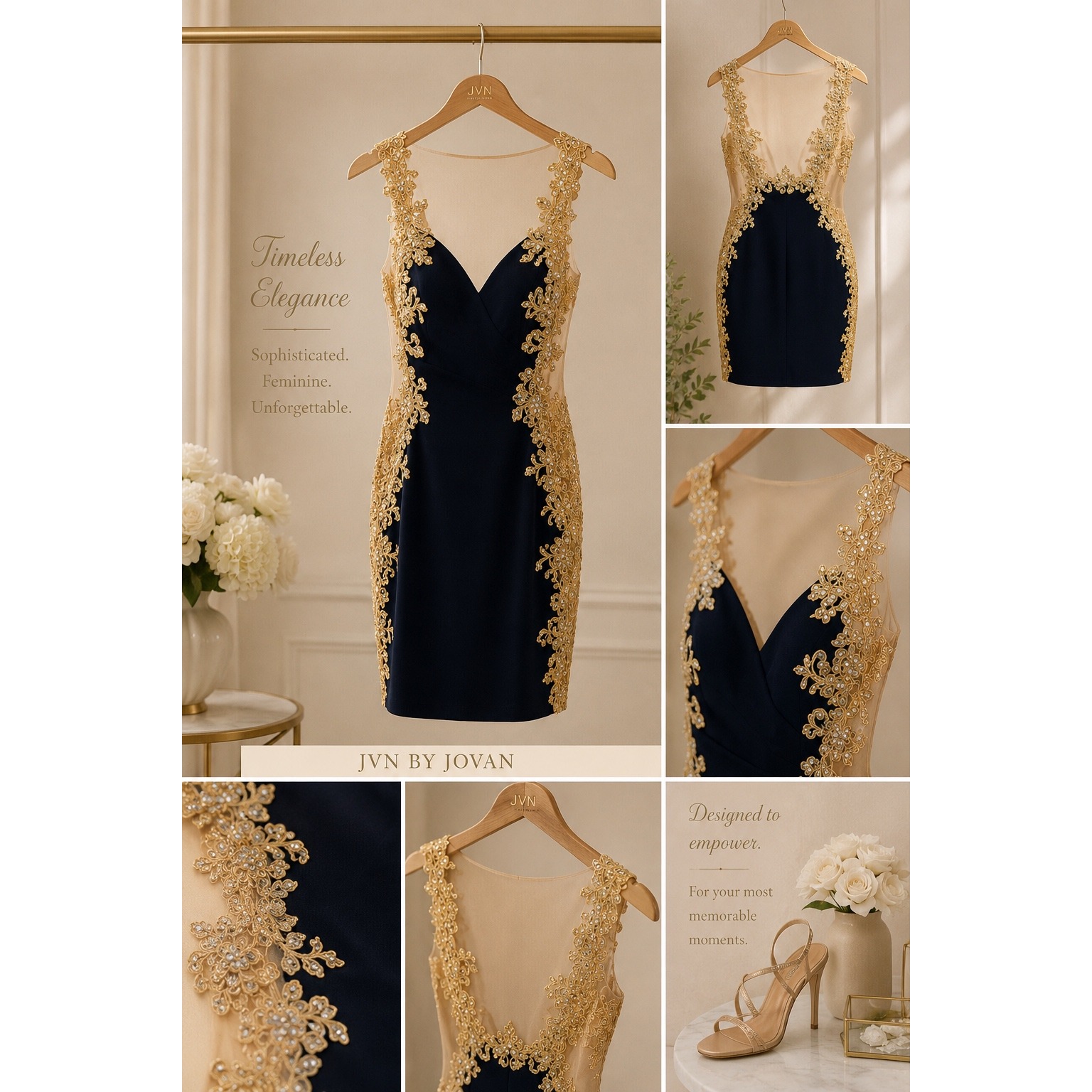 Jvn By Jovani Navy Gold Lace Illusion Mesh Rhinestone Cocktail Dress Size 8